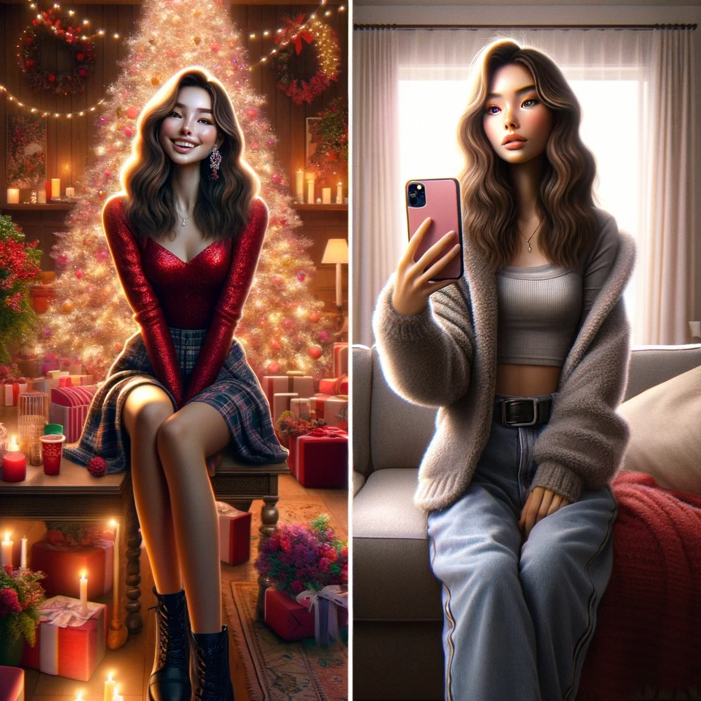 Dual image. One showing a festive, idealized social media post, and the other showing a teen's real-life, less glamorous holiday experience. Teenager alone in room, reflecting during the holiday season