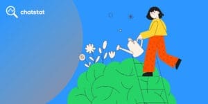 Illustration of mental and emotional well-being: A smiling woman waters a bush growing into positive flowers, symbolizing personal growth, self-care, and nurturing mental health. One wilted face represents overcoming negativity. The Chatstat logo highlights social media monitoring for emotional well-being.