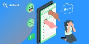 Illustration of cyberbullying on social media: A distressed girl kneels, covering her face, while hands emerge from a smartphone screen pointing at her. Angry and laughing reaction emojis symbolize online harassment. Chatstat logo represents social media monitoring for online safety.