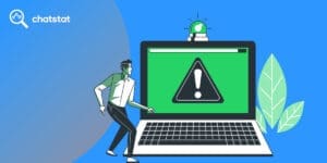 Illustration of online safety alert: A man cautiously approaches a laptop displaying a warning sign with an exclamation mark, symbolizing toxic online content or cybersecurity threats. A flashing alert light on top of the screen emphasizes digital danger. Chatstat logo represents online content monitoring and protection.