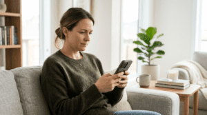 Thoughtful parent sitting on a couch at home reading messages on a smartphone, looking puzzled while trying to understand teen slang, abbreviations, and online language used by kids on social media.