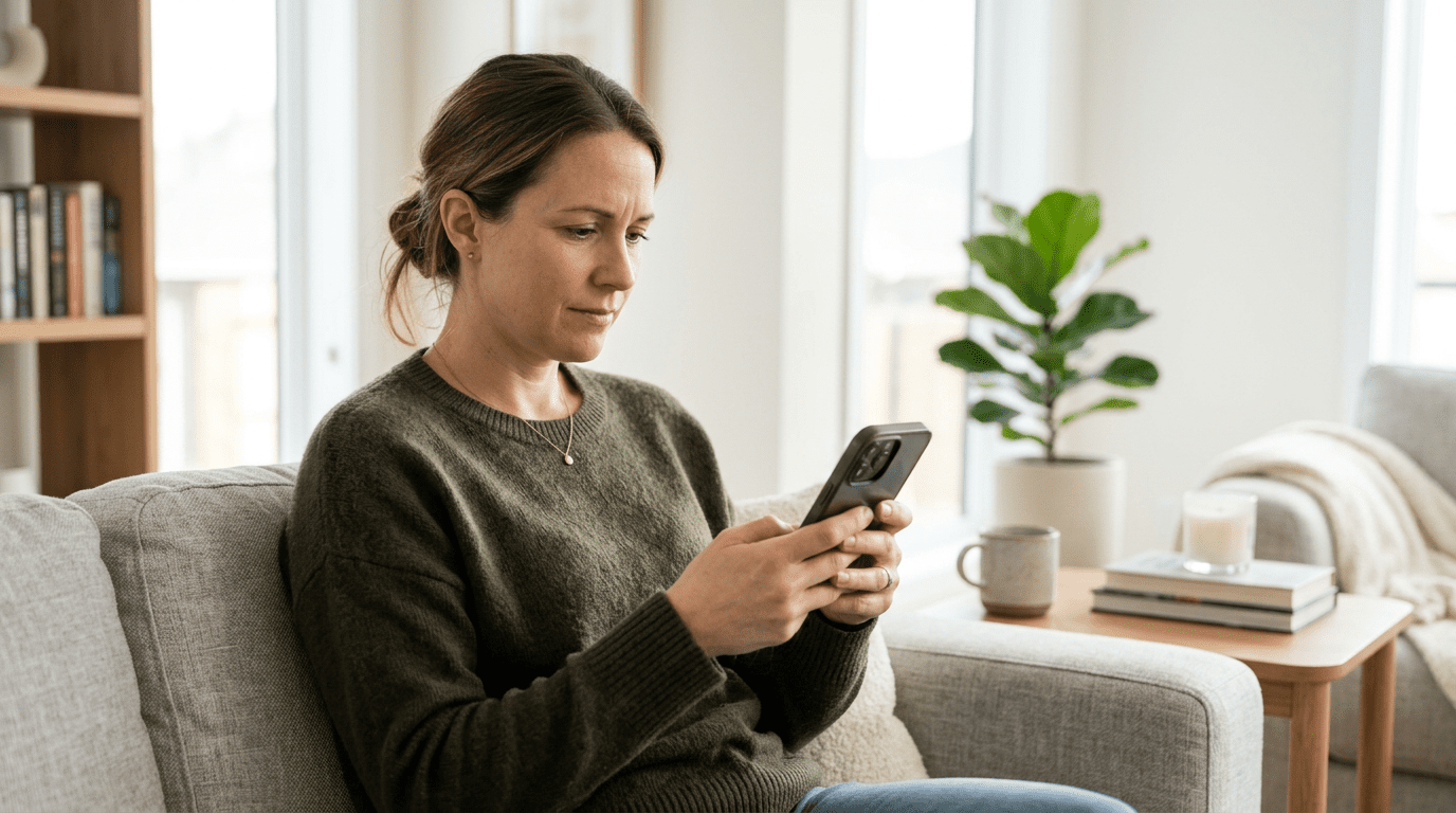 Thoughtful parent sitting on a couch at home reading messages on a smartphone, looking puzzled while trying to understand teen slang, abbreviations, and online language used by kids on social media.